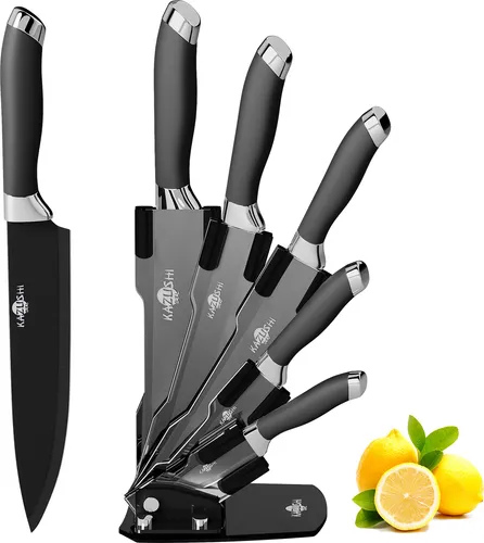 KAZUSHI Messerblock mit Messer 6-teilig, Scharfe Küchenmesser, Profi Messerset mit Block, Edelstahl Messer Set - Schwarz (KA-KN62)