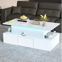 Couchtisch Mdf Weiß Hochglanz 100 Cm Mit Hubfunktion, Led, 4 Schubladen Und Stauraum