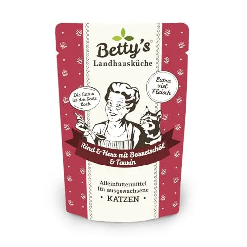 Betty's Landhausküche Frischebeutel Pouches Nassfutter Katze, Rind & Herz mit Borretschöl 100g, getreidefrei, Beste Qualität, hochwertiges Fleisch, schonend gegart, hohe Bioverfügbarkeit