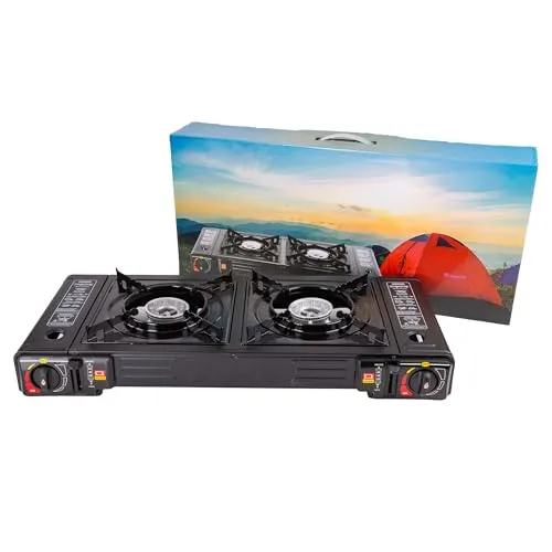 2-flammiger tragbarer Gaskocher Camping & Adapter für Gasflaschen 2in1