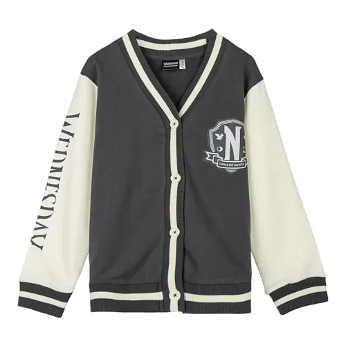 CERDÁ LIFE'S LITTLE MOMENTS Unisex Kinder Baseballjacke Wednesday Pullover - Funktionsjacke im Gothic-Stil, inspiriert von Wednesday Addams: 100% gebürstete Baumwolle für außergewöhnlichen Komfort und Wärme, ideal für kleine Fans der ikonischen Familie.