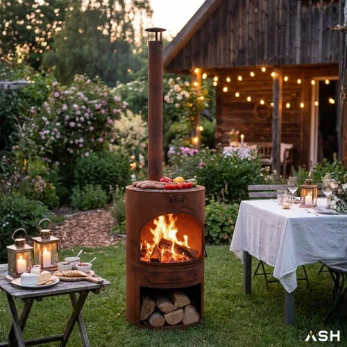 ASH® Sonnenuntergang Gartenkamin mit BBQ aus Cortenstahl