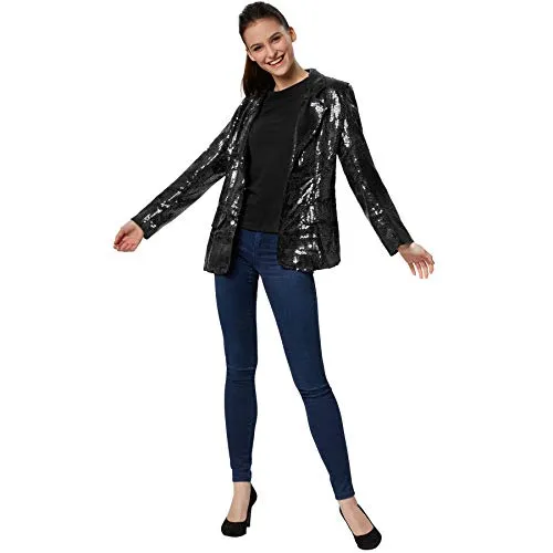 dressforfun 900995 Damen Pailletten Blazer - Glitzer Jackett für jeden Anlass - Funktionsjacken mit glitzernden Pailletten, hoher Tragekomfort und perfekter Sitz. Ideal für schicke Outfits und besondere Anlässe.