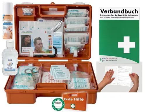 WM-Teamsport Erste-Hilfe-Koffer (M) DIN 13157 mit Hygiene-Gel & Sprühpflaster - Komplett ausgestatteter Erste-Hilfe-Koffer (M) nach DIN 13157, ideal für Betrieb, Kindergarten und Haushalt. Inklusive Hygiene-Gel und Sprühpflaster für einfache Anwendung. Robust, mobil und mit praktischer Wandhalterung.