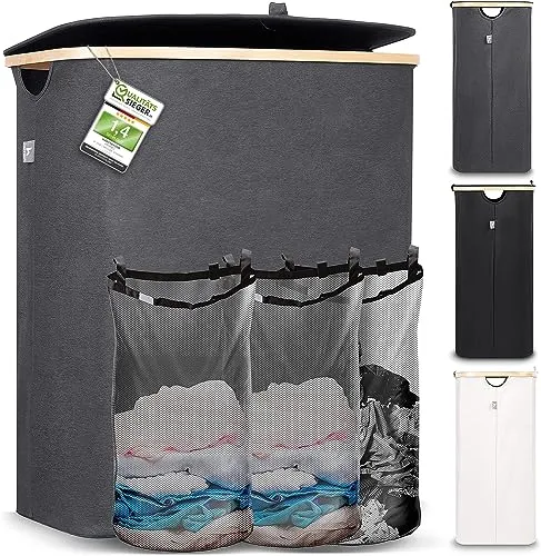 Hennez Wäschebox 150L - Wäschekorb mit 3 Fächern und Deckel - Wäscheboxen: Der Hennez Wäschekorb bietet 150L Volumen, drei herausnehmbare Wäschesäcke und einen geruchsdichten Deckel für hygienisches Wäschesortieren.