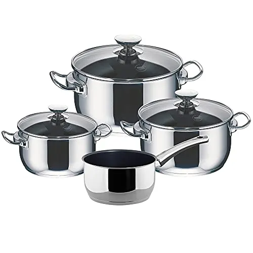 Berndes Injoy® Induction Kochtopfset 4-teilig 63101 - Hochglanz Edelstahl - Kochtöpfe aus hochglanzpoliertem Edelstahl mit PTFE-Antihaftversiegelung für fettfreies Kochen. Ideal für alle Herdarten, inkl. Induktion. Set mit 3 Töpfen und 1 Stieltopf für vielseitige Zubereitung.