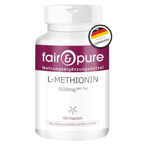 Fair & Pure L-Methionin 1500mg pro Tag, 180 Kapseln, hochdosiert, Nahrungsergänzungsmittel vegan ohne Magnesiumstearat, in Deutschland hergestellt