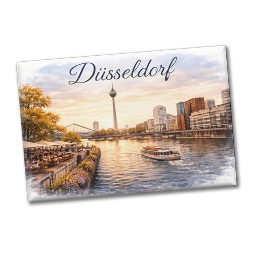 Düsseldorf Skyline Rheinturm Flussufer Metallschild Dekomagnet - künstlerisches Stadtgeschenk für Fans