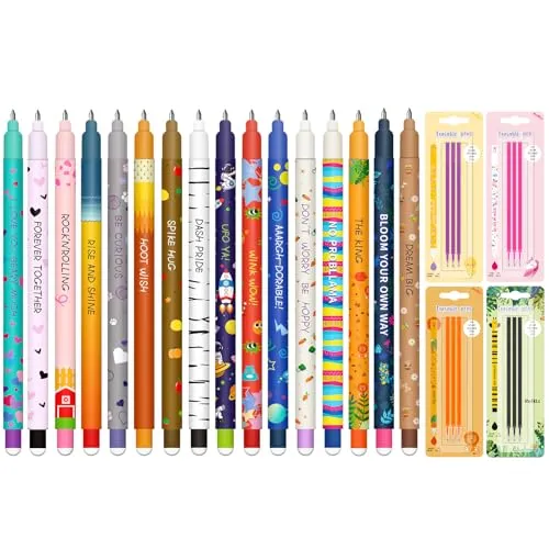 16er Set Gel Radiergummi Farm Stifte + 12 schwarzen Nachfüllminen, mit thermoempfindlicher Löschtinte, Kawaii Verschiedene Tiermotive, Mehrfarbig Temperaturempfindlich, 0,7 mm Spitze