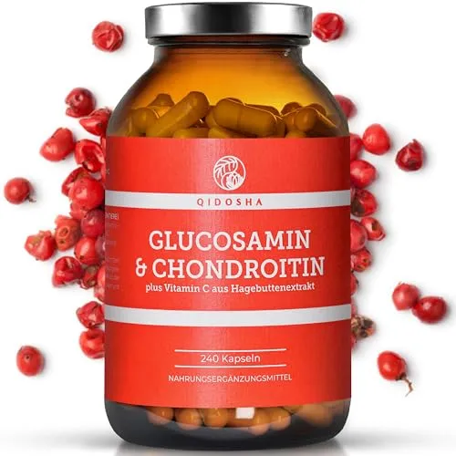 QIDOSHA® Glucosamin & Chondroitin plus Vitamin C, 240 Kapseln, jede Charge laborgeprüft, deutsche Fertigung, 1400mg Glucosamin, 1200mg Chondroitin & 200mg Hagebuttenextrakt je Tagesportion (3 Kapseln)