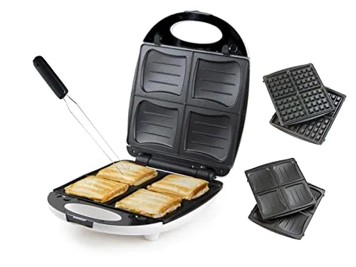 2in1 XXL Sandwichmaker mit Waffeleisen - Sandwichmaker und Waffeleisen in einem, ideal für Familien! Bereitet 4 ganze Sandwiches oder Belgische Waffeln zu, mit antihaftbeschichteten Platten für einfache Reinigung.