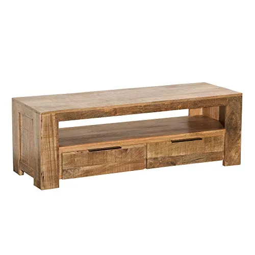 Riess-Ambiente Lowboard IRON CRAFT 130cm natur - Massivholz Lowboard aus Mangoholz mit 2 Schubladen, ideal für stilvolle Wohnzimmergestaltung und individuelle Akzente.