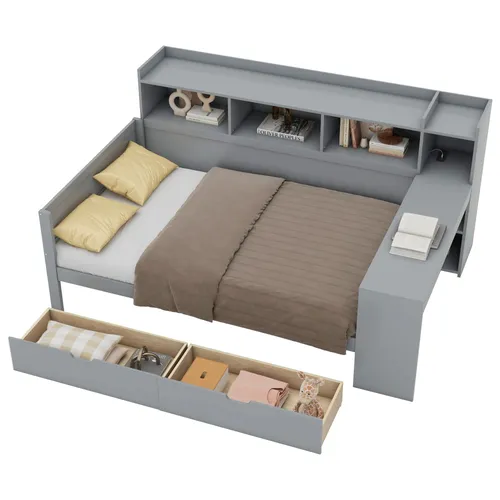 Jugendbett mit Schreibtisch und Bücherregal, 90x200 cm, Einzelbett mit Schubladen und Mehrfachsteckdose