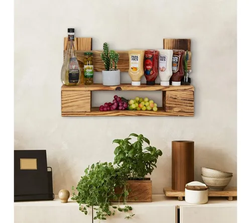 K&L Wall Art Wandregal Palettenmöbel – Vintage Küchenregal aus Kiefernholz - Rustikales Schweberegal mit 60 cm Breite, ideal zur stilvollen Aufbewahrung von Gewürzen in der Küche.