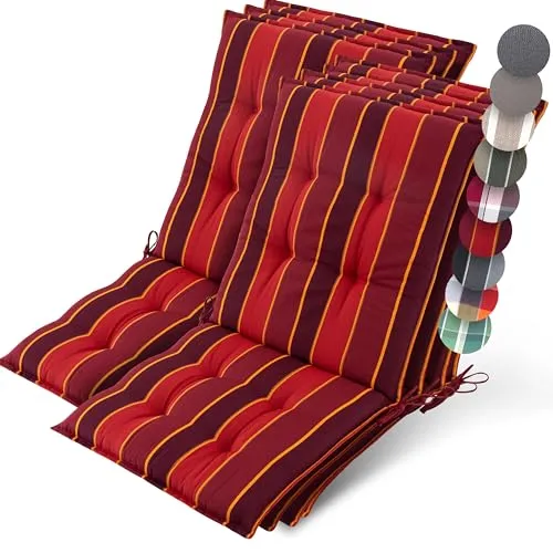 Beautissu 7er Set Premium Niedriglehner Auflage Gartenstuhl 100x50cm Sun-NL – 8cm Dick Polster Gartenstuhlauflage rutschfest Befestigungsbänder UV-Lichtechtheit 5 – Robust Stoff Rot Gestreift