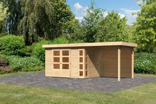 Karibu Gartenhaus Kerko 4 mit Anbaudach 2,40 m Breite - Helles Gartenhaus aus nordischer Fichte mit moderner Fensterecke für viel Tageslicht. Schnelle Montage dank Steck- und Schraubsystem. Optionales Anbaudach bietet zusätzlichen Stauraum. Ideal für Werkstatt oder Gartengeräte.
