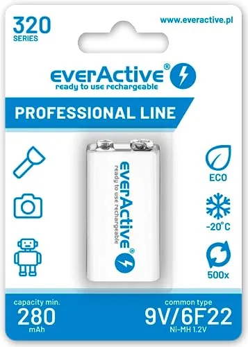 everActive Akku 9V 320 mAh, NI-MH, Block, wiederaufladbar, vorgeladen, höchster Leistung, Professional Line 6F22 HR22 8.4V, 1 Stück - 1 Blisterkarte EVHRL22-320 Weiss