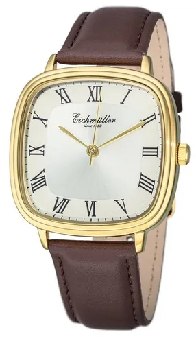 Eichmüller Quarzuhr Klassische Herrenuhr RE1146 Goldfarben Braun 39 mm - Elegante Herrenarmbanduhr mit 39 mm Gehäusedurchmesser, hochwertigem Quarz-Uhrwerk und zeitlosem Design. Ideal für den täglichen Gebrauch und besondere Anlässe. Spritzwassergeschützt mit Kunstlederarmband.