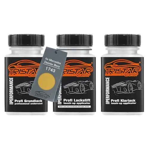 TRISTARcolor Autolack Lackstift Set für Mercedes/Daimler Benz 1743 Limonitgelb Metallic Grundlack Basislack Klarlack je 50ml