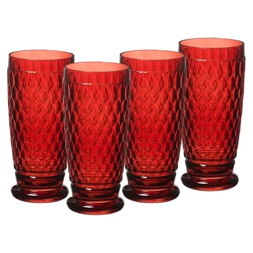 Villeroy & Boch Boston Coloured Longdrinkgläser Red 4er Set, 400 ml - Hochwertige Longdrinkgläser aus Kristallglas mit elegantem Facettenmuster, ideal für Cocktails und spülmaschinengeeignet. Perfekt für stilvolle Tischdekorationen.