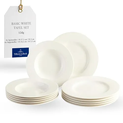 Vivo by Villeroy & Boch Basic White Tafelservice 12 Teilig - Tafelservice für 6 Personen, hochwertiges spülmaschinenfestes Porzellan mit zeitlosem Design - perfekt für jeden Anlass und als Geschenkidee.