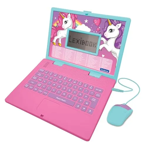 LEXIBOOK, Einhorn JC598UNIi2 Lerncomputer zweisprachig in Englisch/Spanisch für Kinder mit 124 Aktivitäten zum Lernen, Spielen und Hören von Musik, Rosa