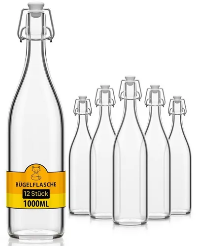 Flaschen-Fuchs Vorratsglas 1000ml - Bügelverschluss Glasflaschen (12er Set) - Praktische 1000ml Bügelflaschen zum Befüllen für Ihre selbstgemachten Kreationen. Luftdicht, spülmaschinenfest und ideal für Säfte oder Liköre. Die vormontierten Bügel sorgen für einfachen Gebrauch und sichere Lagerung.