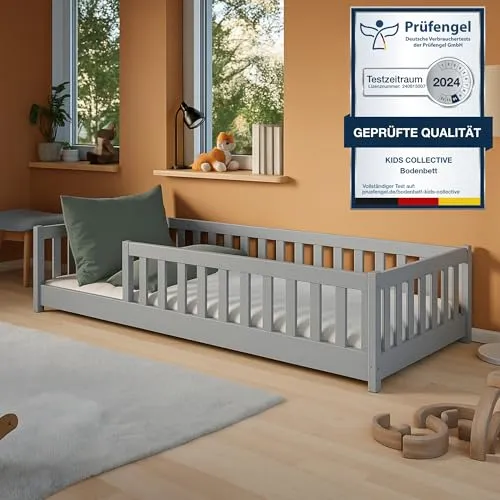 Kids Collective Kinderbett Bodenbett 80x160 cm - Montessori Bett mit Rausfallschutz, ideal für sichere Nächte von 3 bis 10 Jahren. Hergestellt aus FSC-zertifiziertem Kiefernholz, stabil und geruchslos.