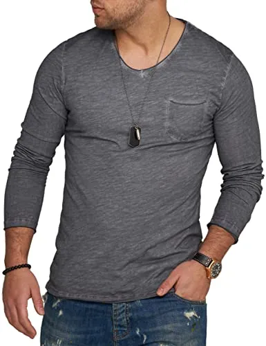 behype. Herren Langarm Shirt mit Brusttasche Longsleeve Langarmshirt T-Shirt V-Neck 3448-Dunkelgrau-XXL