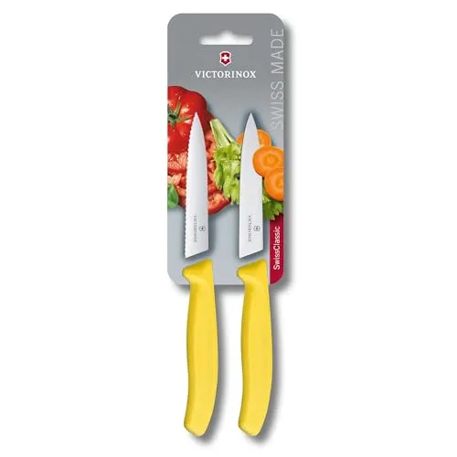 Victorinox Swiss Classic, Tomaten- und Gemüsemesser-Set, 2teilig, Extra Scharfe Klinge, Kunststoffgriff, Rostfreier Stahl, Swiss Made, Gelb