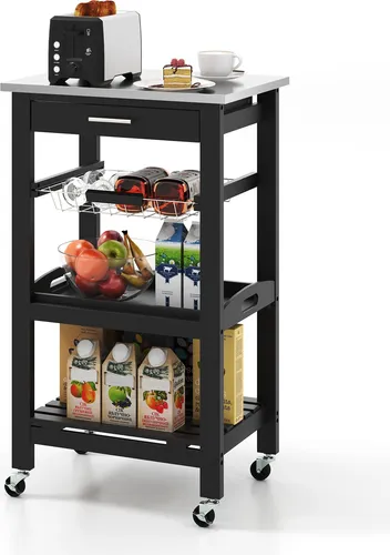 COSTWAY 47x39x85 cm Kleiner Küchenwagen, Servierwagen auf Rollen, Küchenregal mit Arbeitsplatte aus Edelstahl, Schublade&Korb, Rollwagen Küche Schwarz