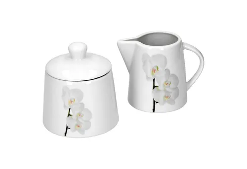 van Well Milch- und Zuckerset Kaffeeergänzungsset Milchkännchen & Zuckerdose Vanda weiße Orchidee, Porzellan