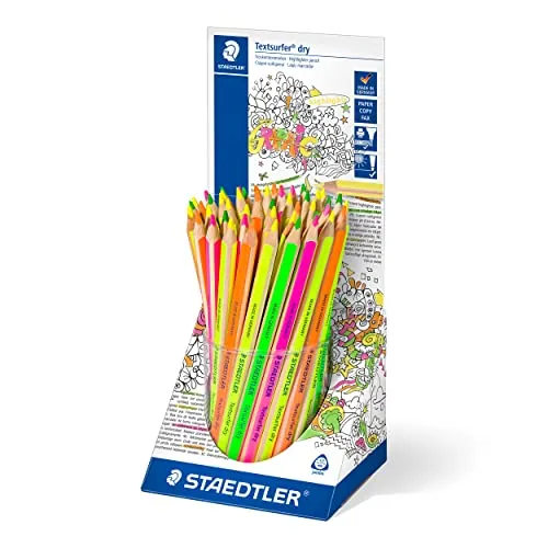 STAEDTLER trockene Textmarker Buntstifte, ergonomische Dreikantform, ideal für dünnes Papier, in den Farben neon gelb, orange, pink und grün, 48 Trockentextmarker im Köcher, 128 64KP48