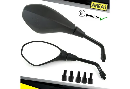 Area1 Motorradspiegel Set - E-geprüft mit 5 Adaptern - Motorradspiegel Set mit sportlichem Design, E-Prüfzeichen und 5 Adaptern für einfache Montage an 90% aller Motorräder. Optimal einstellbar für beste Sicht!
