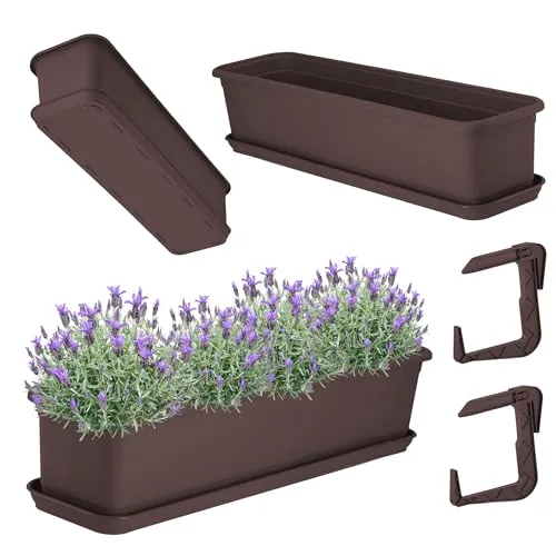 KADAX Blumenkasten 60 cm mit Untersatz und Halterung, Braun – Balkonkasten aus Kunststoff, Pflanzkasten für Innen- und Außenbereiche, Blumentopf für Balkon