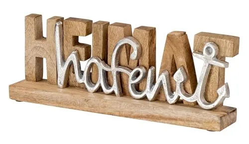 levandeo Deko Aufsteller Heimathafen aus Holz - Rustikaler Deko-Aufsteller aus natürlichem Mangoholz mit silbernem Schriftzug. Schafft eine warme Atmosphäre in Ihrem Zuhause und ist ideal für maritime Akzente in jedem Raum.