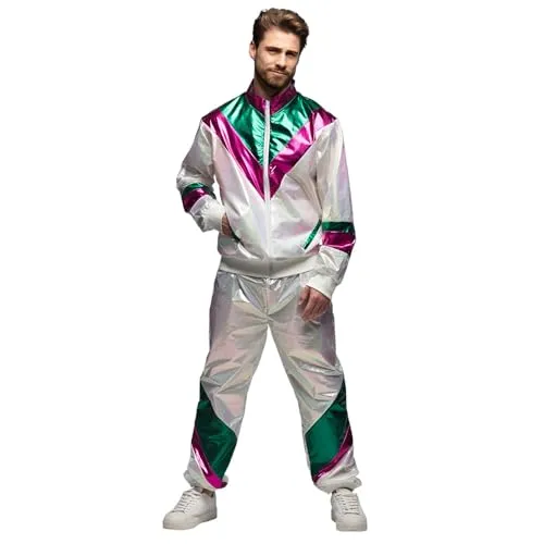 Boland - Trainingsanzug für Herren, 90er Jahre Kostüm für Mottoparty und Karneval - Extravagantes Trainingsanzug-Set der Marke Boland im 90er Jahre Retro-Stil. Der schimmernde Jogginganzug in Größe XL überzeugt mit praktischen Taschen und ist perfekt für Fasching, Halloween und Mottopartys.