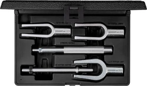 Gedore RED 3301555 Trenn- und Montagegabelsatz 5 tlg - Werkzeug-Set für das schnelle Lösen von Spur- und Schubstangenköpfen, mit auswechselbaren Gabelköpfen und Schlaggriff für manuelle Einsätze. In stabilem Kunststoffkoffer.