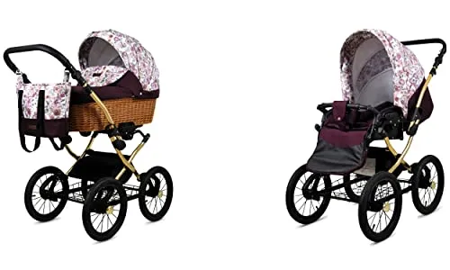 BabyLux ALU 2in1 Kinderwagen für Kleinkinder – Kinderwagen für Neugeborene und Kleinkinder – Baby Neugeborenen Kinderwagen – 59x105x125cm – Max. 15kg – Maroon Flowers Gold Frame