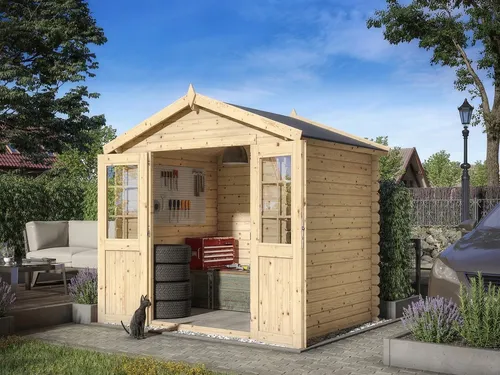 Gartenhaus Blockhaus 28 mm naturbelassen von WOODTEX - Hochwertiges Blockbohlenhaus aus Fichte mit Satteldach, ideal für Gartenlagerung oder Freizeit. Bietet viel Platz mit 5,15 m² und ist in natürlichem Design gehalten.