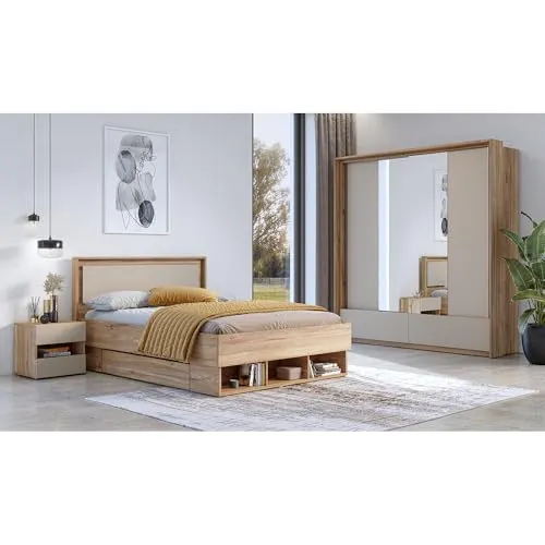 Lomadox Schlafzimmermöbel Schlafzimmer Set 7-teilig mit Bett 140x200 cm in Eiche mit beige, inkl. Lattenrost, 2 Nachtkommoden, 2 Bettschubkästen, 1 Kleiderschrank