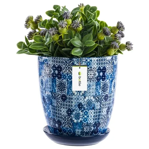 botle Blumentopf Rund Lange Keramik Ø 15 cm H 15,5 cm Blau Mosaik mit Rund Standfuß glänzendem modernem Finish handbemalt einzigartiges Muster, Sukkulenten Geranien Grünpflanzen