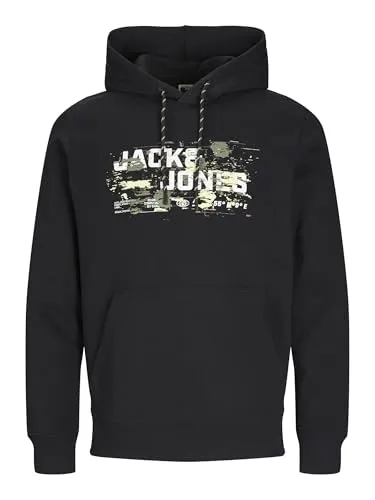 Jack & Jones JCOOUTDOOR Kapuzensweatshirt schwarz S - Herren-Sweatshirt aus pflegeleichter angerauter Sweatware, modischer Print und praktische Kängurutasche, ideal für lässige Outfits.