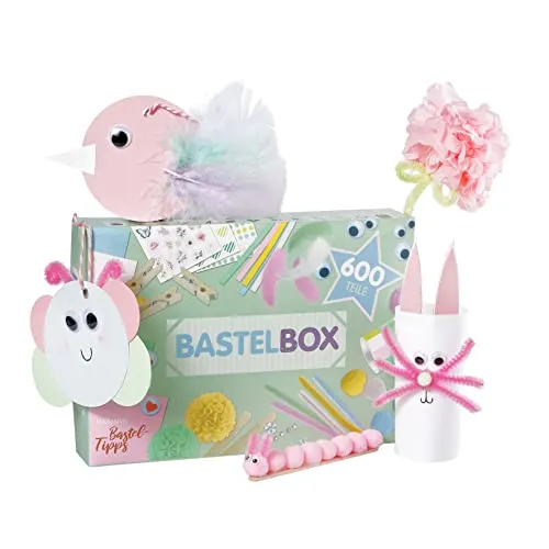 Lulubug Bastelset für Mädchen und Jungen, 600 Teile | Seidenblumen, Pompons, Tonpapier, Washi Tape, Wackelaugen, Sticker uvm. im Bastelkoffer | DIY Scrapbook Bastelbox für Kinder