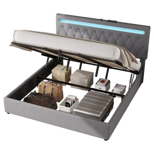 Polsterbett mit LED-Beleuchtung, 180x200 cm, gepolsterter Kopfteil höhenverstellbar, Doppelbett, Leinen