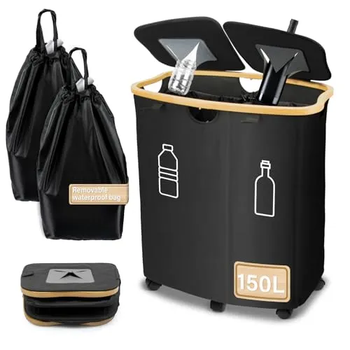 MOWETOO Pfandflaschen Sammelbehälter 2 Fächer, 150L Pfandflaschen Behälter mit Deckel, Behälter Leergut & Altglas Aufbewahrung, Mülleimer Küche inkl 2 Tragetasche, Wasserdicht Fahrbar mit Rollen