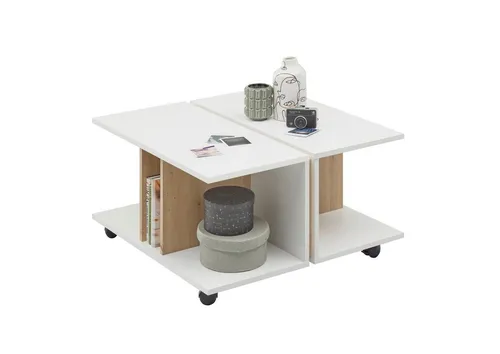 MATS MINI Couchtisch auf Rollen - Mobiler Sofatisch in Weiß, Artisan Eiche Optik - Beistelltische fürs Wohnzimmer mit praktischem Stauraum und vier Ablageflächen. Der kompakte Tisch auf Rollen lässt sich mühelos verschieben und passt perfekt in jedes moderne Zuhause.