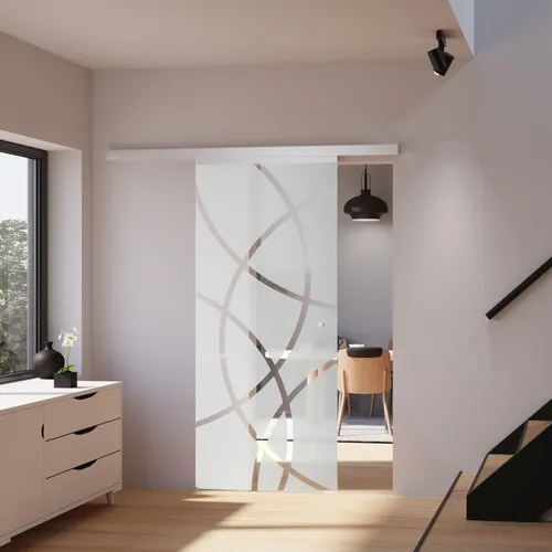 inova wohnen Glasschiebetür Kreisförmig satiniert 75,5 x 203,5 cm - Elegante Glasschiebetür mit satiniertem Kreis-Dekor. 8 mm Sicherheitsglas und hochwertige Aluminium-Beschläge sorgen für Langlebigkeit und Laufruhe. Ideal für moderne Wohnräume.