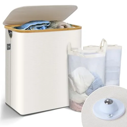VOUNOT Wäschekorb mit Deckel 145L, Faltbarer Wäschesammler 2 Fächer & Herausnehmbar Wäschesäcke, Laundry Baskets Wäschebox Schmal, Beige
