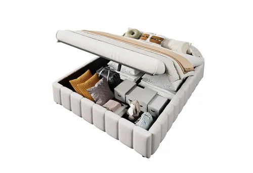 Beige Futonbett mit Lattenrost (140x200 cm) – Modernes Design ohne Kopfteil - Praktisches Futonbett mit hochklappbarer Liegefläche und Stauraum. Ideal für Dachschrägen, aus robustem Massivholz und mit Leinenbezug. Hohe Stabilität und elegantes Design für Ihr Schlafzimmer.